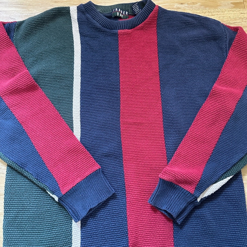 Vintage Trader Bay Sweater L 90s USA Made Roundneck Color Block Red Blue green